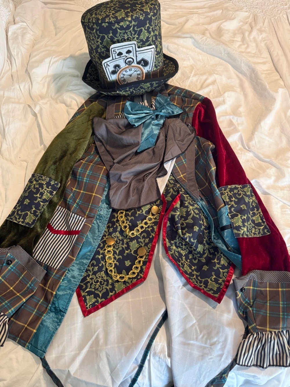 Mad Hatter Style Patchwork Costume Jacket and Top Hat - Green/Red/Teal Accents
